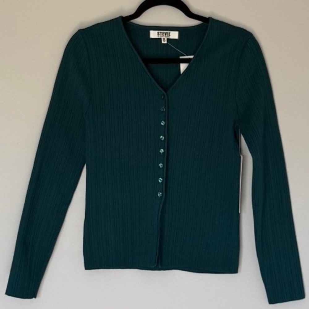 Stevie by Steve Madden Balsam Green Ribbed V-Neck Cardigan Button Front NS493AST